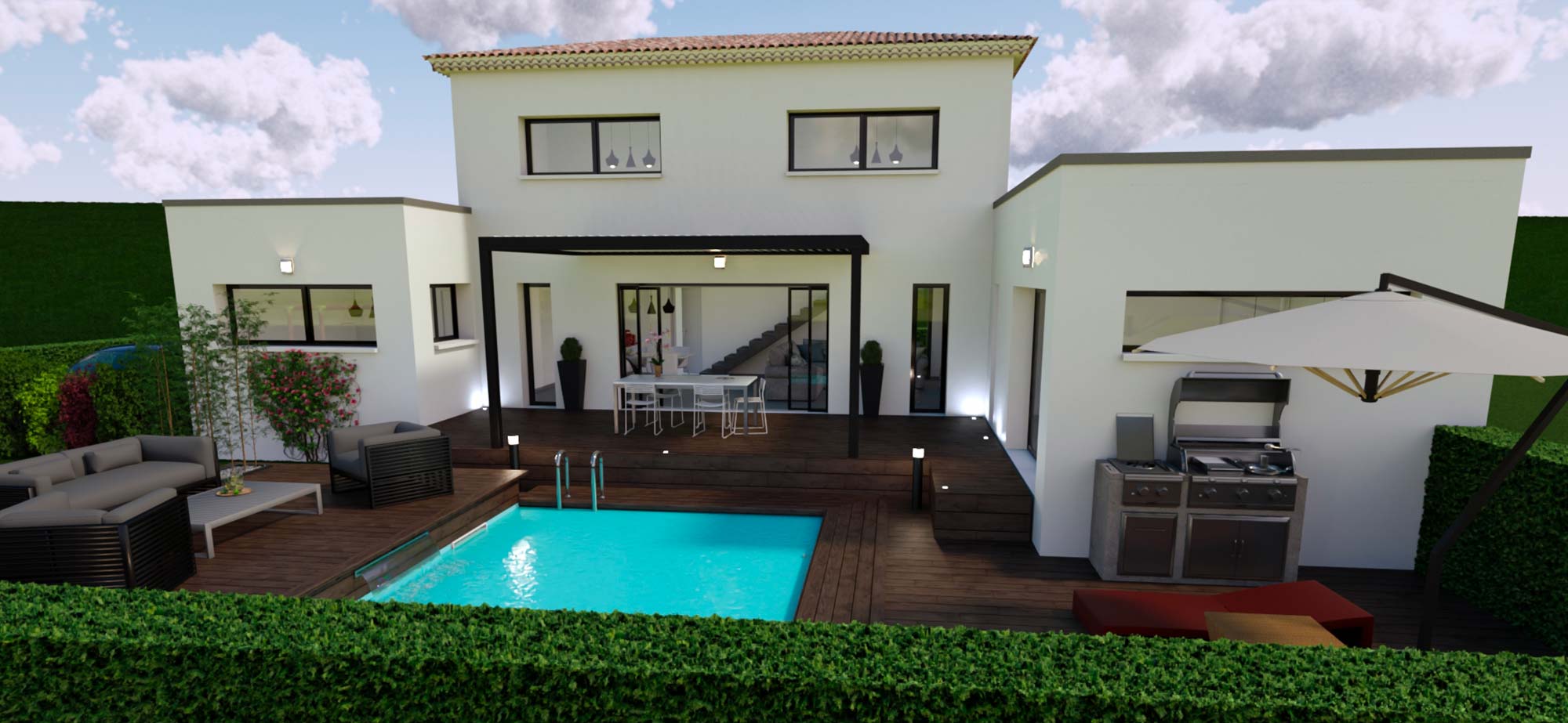 Vue piscine maison à étage avec suite parentale 130 m²