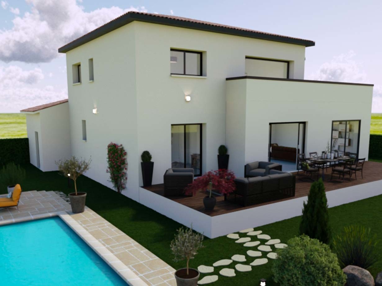 Vue piscine et terrasse maison à étage 150 m²