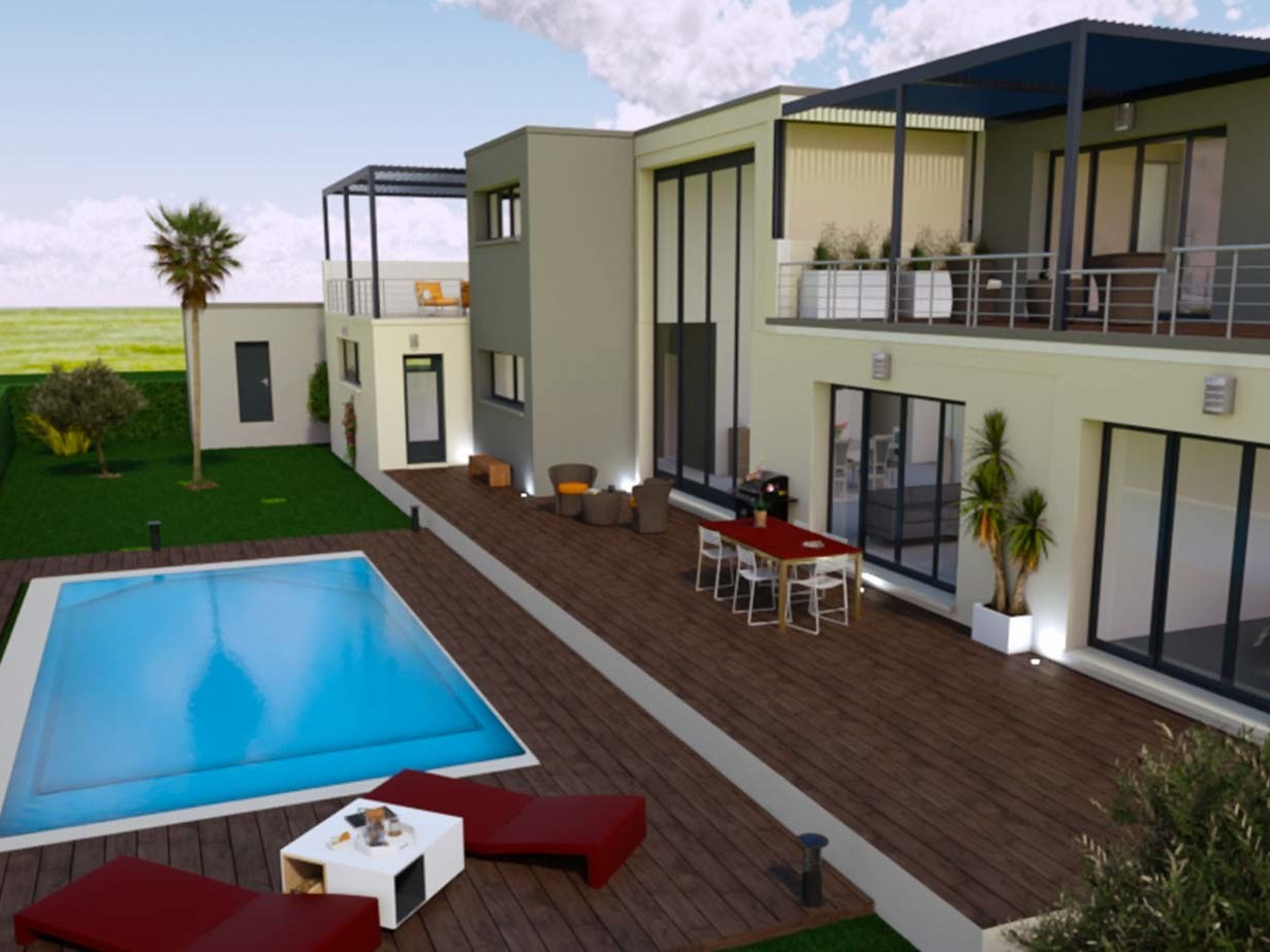 Vue profil jardin et piscine maison à étage 171 m²